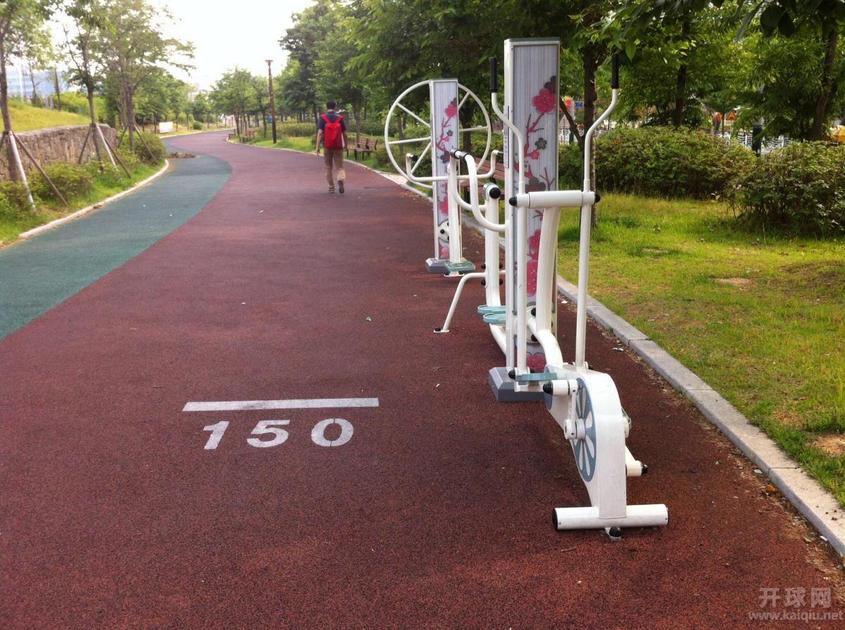 湖边的健身器材和健步道。估计红色的是快步道，绿色的是漫步道。