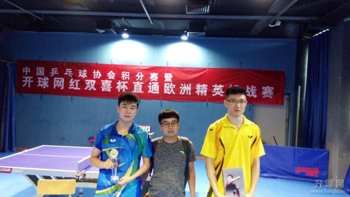 超级组冠军曾耀辉（左）、六合体育老板刘吉祥（中）、康翦冰