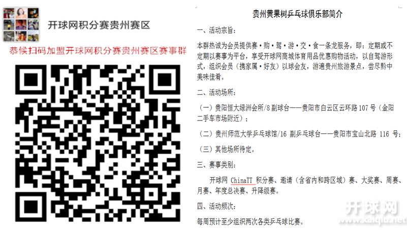 贵州黄果树乒乓球俱乐部简介
一、活动宗旨：
本群热诚为会员提供赛•购•驾•游•交•食一条龙服务，即：定期或不定期以赛事为平台，享受开球网商城体育用品优惠购物活动，以自驾游形式，组织会员（携家属•好友）以球会友，游遍贵州旅